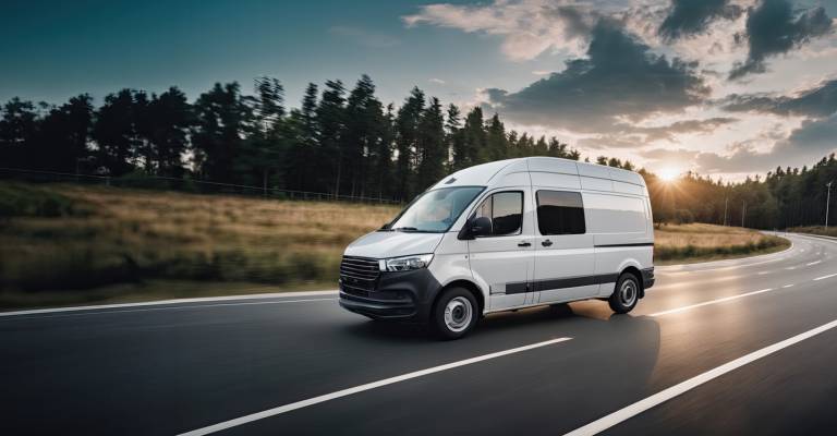 Een witte rijdende bestelbus op straat 